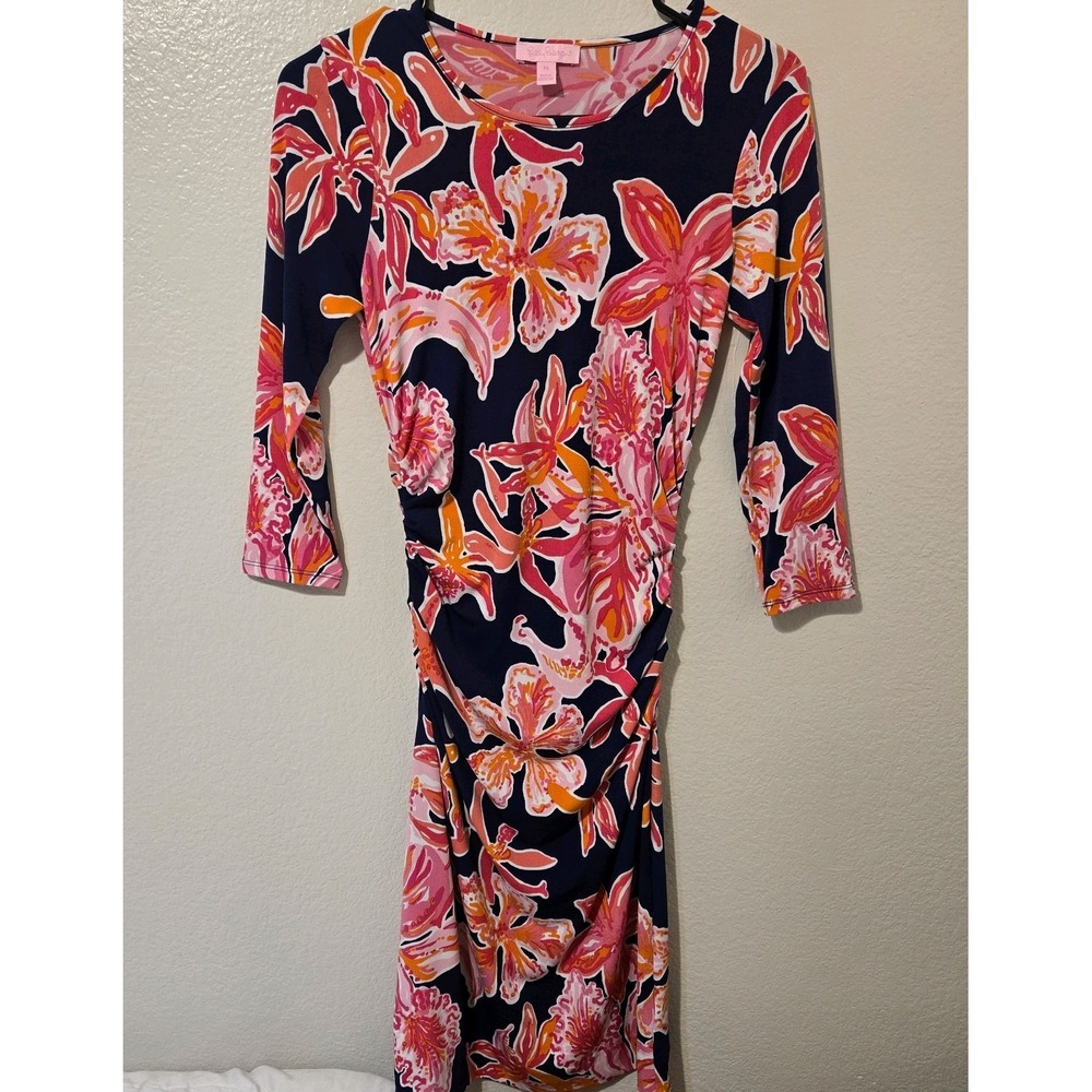 Lilly Pulitzer Madison Dress Ruched Via Sunny Floral Navy Blue Sleeves Size XS